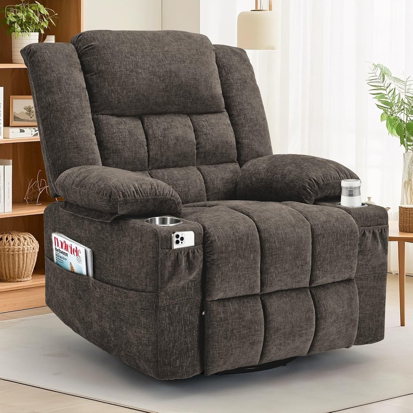 Korser 360° Swivel Rocker Recliner for Adults, Nursery Glider Recliner with Massage and Heating, Rocking Chair with Cup Holder, Manual Recliner Chair for Living Room, Bedroom (Fabric, Beige)