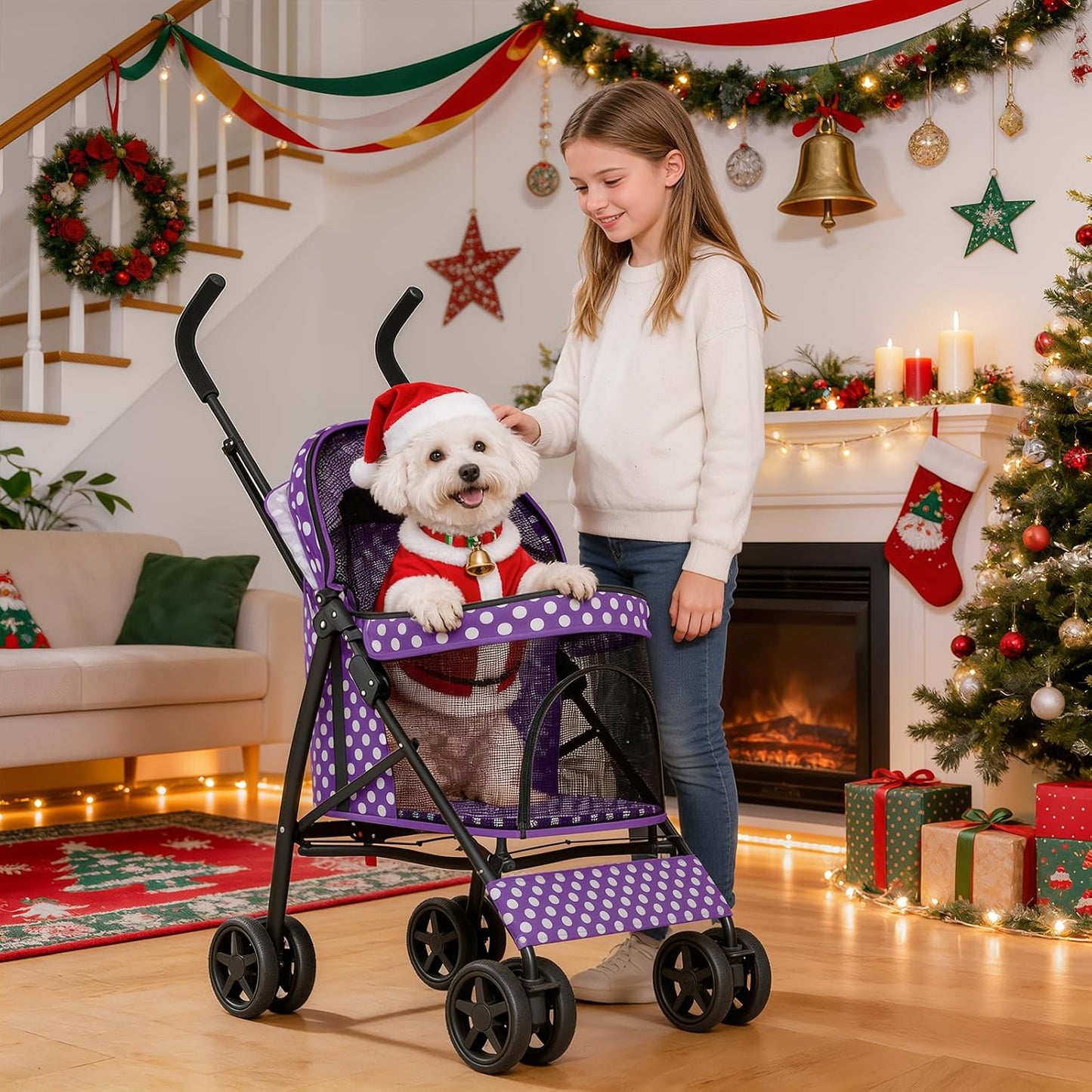 MoNiBloom 4 Wheels Pet Stroller, Easy-Fold Puppy Cage Jogger Stroller with Sun Cover, Pad and Rear Storage Bag, Breathable and Visible Mesh for Small/Medium Pets up to 22 lbs, Black