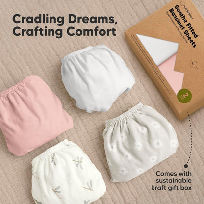 2-Pack Organic Bassinet Sheets for Girls, Boys - 100% Cotton Bassinet Mattress Sheets Compatible with Halo Bassinest Swivel Sleeper, Graco, Baby Delight, Chicco, Unisex Fitted Bassinet Sheets (Elly)