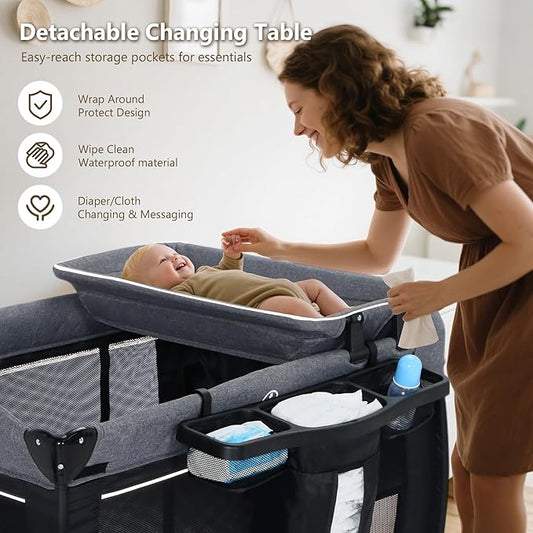 Kinder King 4 in 1 Foldable Pack and Play with Bassinet & Changing Table, Portable Playard for Babies and Toddlers, Adjustable Canopy, Storage Bag, Black