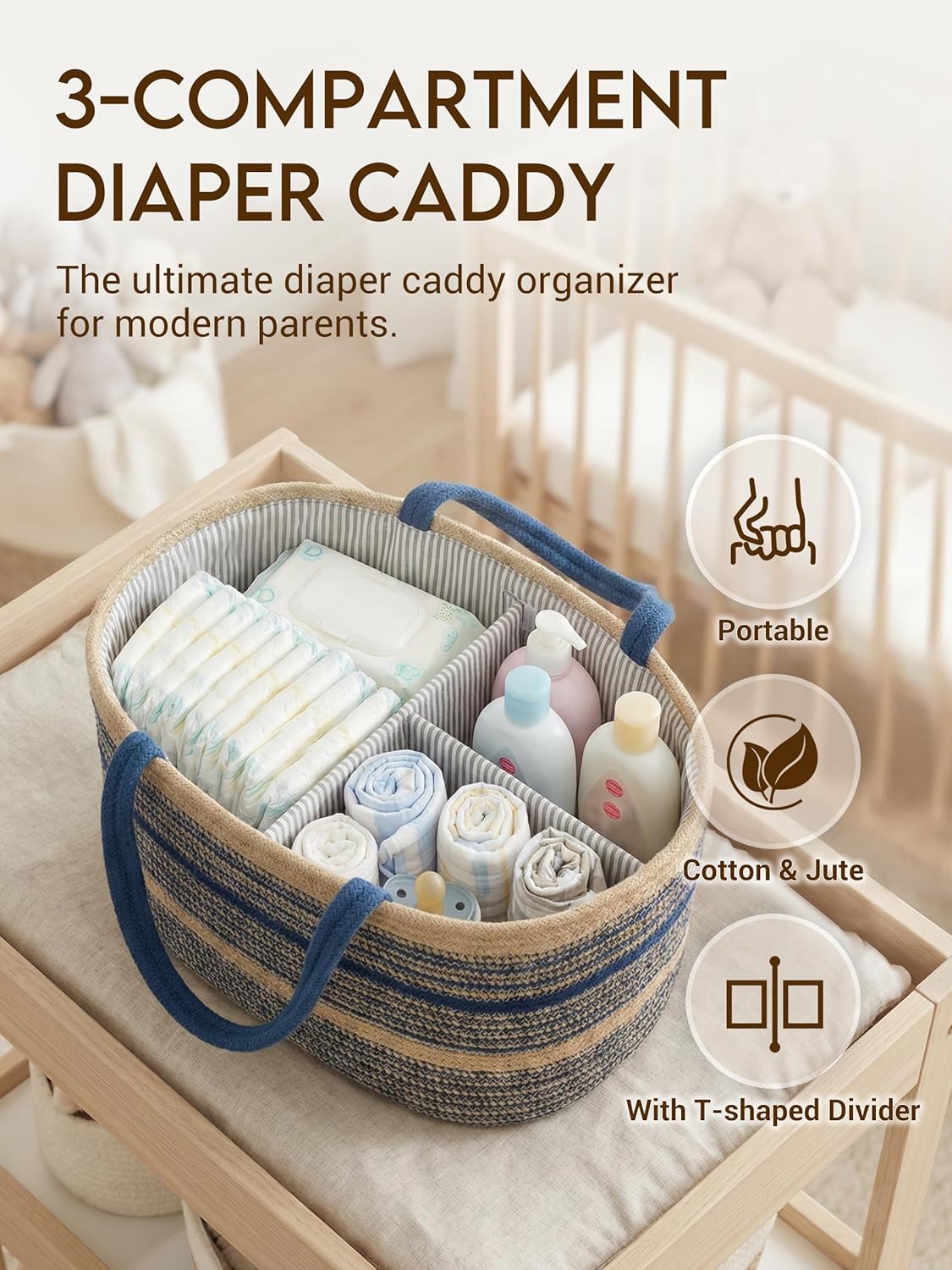 ZOES HOMEWARE Sapphire Blue Diaper Caddy Organizer, Jute Woven Baby Basket, Baby Caddy Nursery Storage Organizer, Shower Gifts for Newborn, Hand Woven Crafted (Brown&Blue),14.2"x 8.7"x7.1”