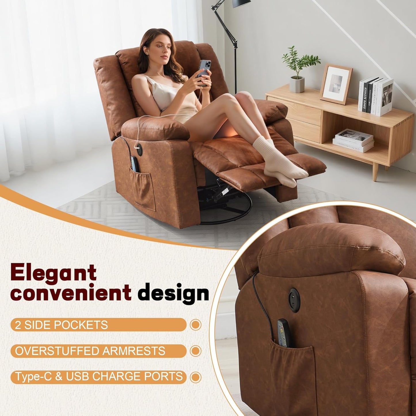 Korser Rocker Recliner, Glider Recliner Chairs for Adults, 360° Swivel Rocking Chair with Massage and Heating, Nursery Chair with Storage and USB Charging for Living Room, Bedroom, Nursery