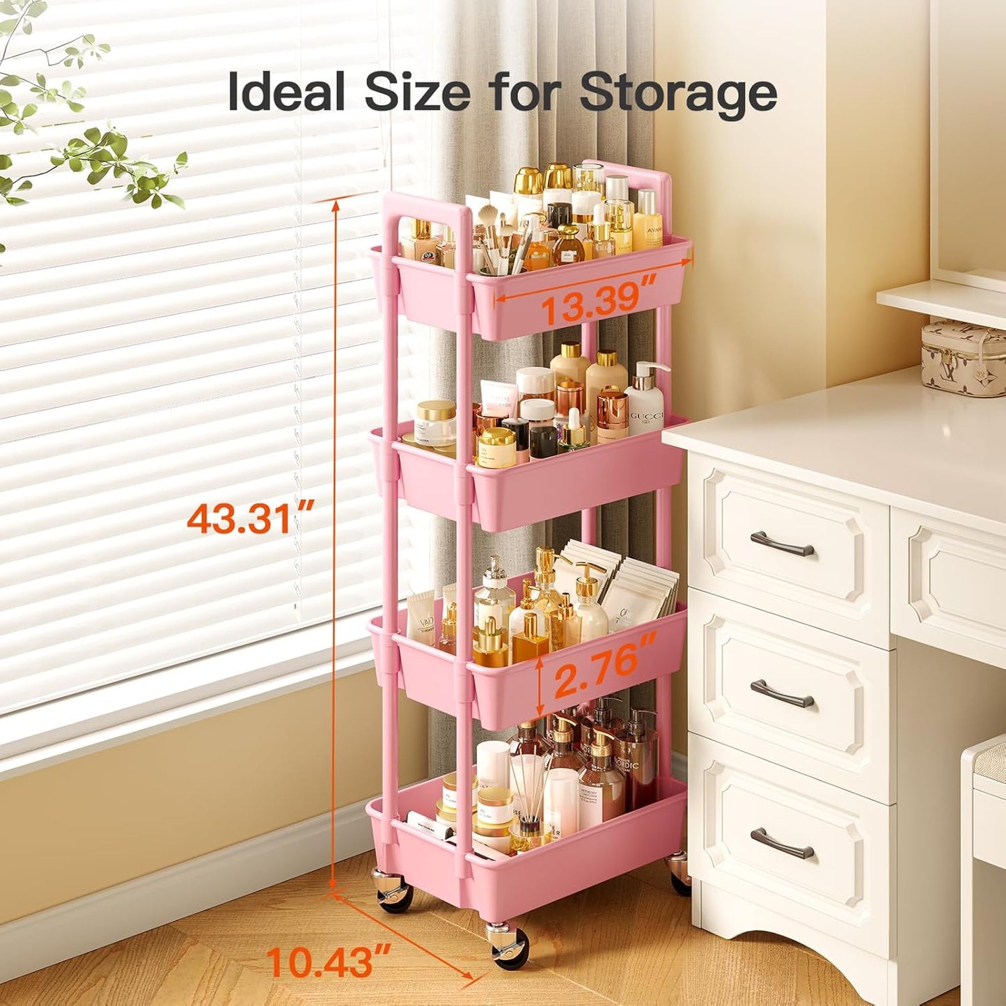 Pipishell 3 Tier Rolling Cart Organizer, Plastic Rolling Cart with Lockable Wheels & Reinforced Handle, Lightweight Utility Cart Storage Cart for Nursery, Kitchen, Bathroom, Craft Room, White, PIUC14W