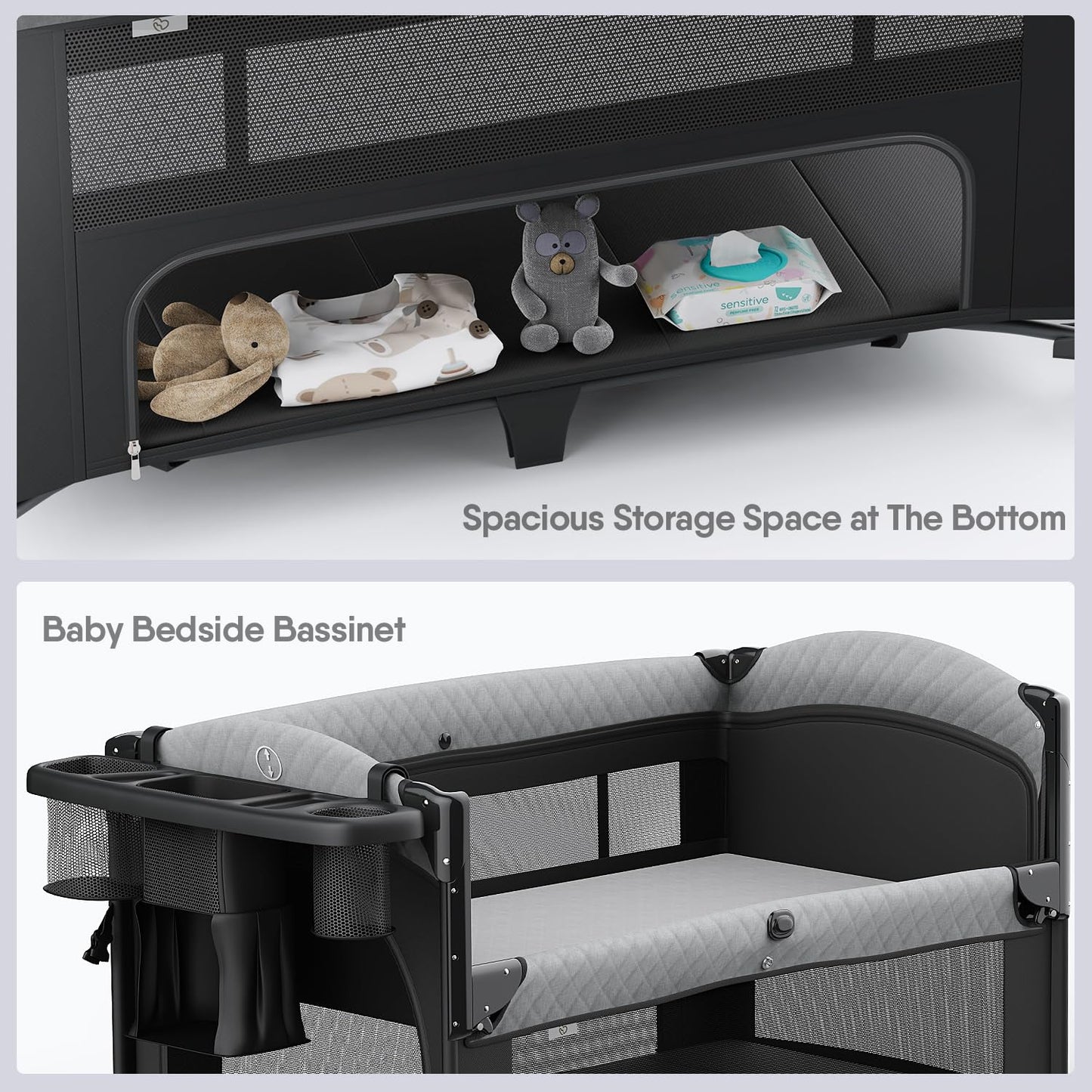 Obee Odee 4 in 1 Baby Bassinet, Pack and Play, Bedside Crib Sleeper, Diaper Changer - Comes with Mattress, Mosquito Net, Bottom Storage and Toy Bar for Newborn to Toddles