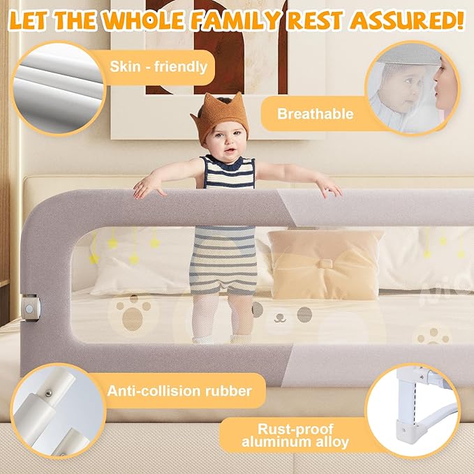 Bed Guard Rail for Toddlers - 60 inches Lift Foldable Toddler Bed Rails for Kids - Safety Baby Bed Rail Guard with Reinforced - Great Fit for Kids Twin Double, Full Size, Queen, King Size Bed