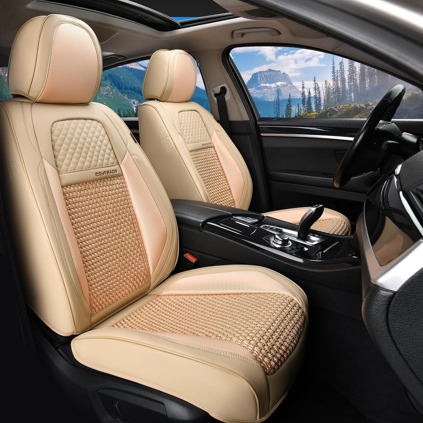 Coverado Leather Seat Covers for Car, Waterproof Car Seat Covers Full Set, 2 in 1 Conversions Car Seat Cover Protector Car Accessories Universal Fit for Most Cars SUVs and Trucks Beige