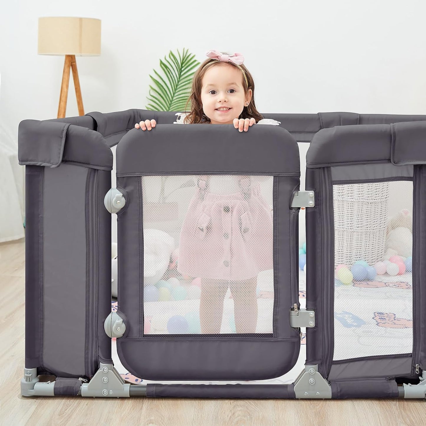 Sweeby Foldable Baby Playpen, Baby Gate Playpens for Babies and Toddlers 79x71 Extra Large Play Yard with Door Fence with Mat and Indoor Play Pen,Light Grey