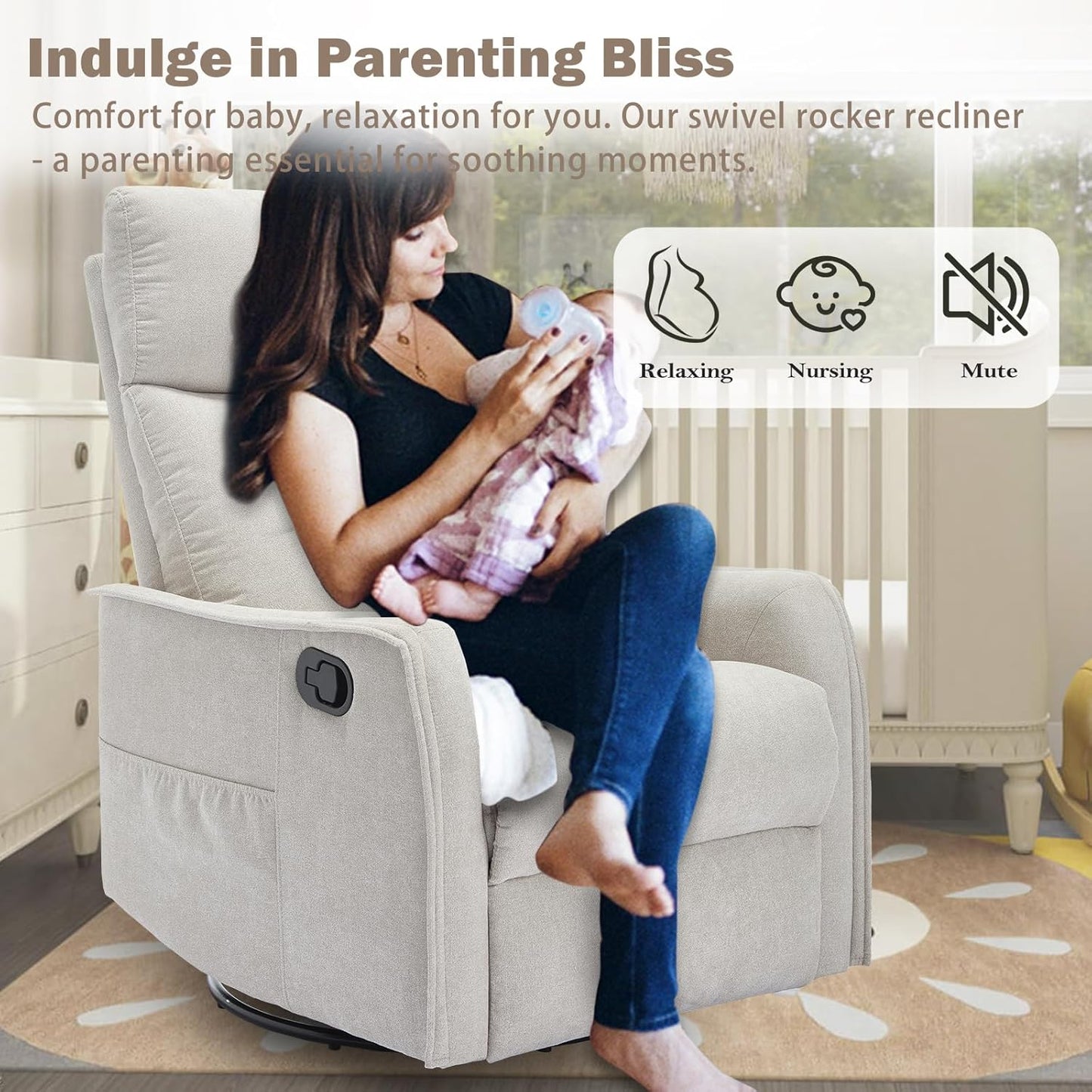 cinkehome Swivel Rocker Recliner, Glider Rocker Recliner Chair for Nursery, Manual Reclining Chair with Heated Massage, Small Spaces, Living Room, Khaki Chenille