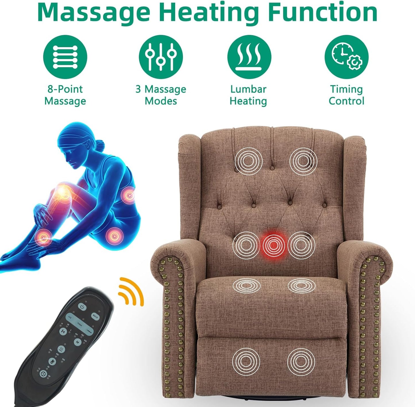 VIVIJASON Power Swivel Rocking Recliner Chair with Massage & Heat, Electric Rocker Nursery Glider Chair, Wingback Tufted Upholstered Recliner W/Type-C & USB Ports for Living Room, Bedroom, Beige