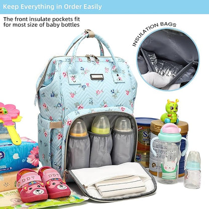 GAIVP Diaper Bag Backpack for Women, Baby Bags for Girls,Diaper Bag with Changing Pad, and Insulated Pockets-Blue Flowers
