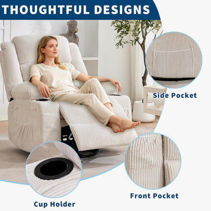 Rocking Recliner Chair for Adults Wide 360° Swivel Rocker Recliner with Cup Holder Nursery Glider with Upholstered Deep Seat Linen Lazy boy Chair for Living Room Browm