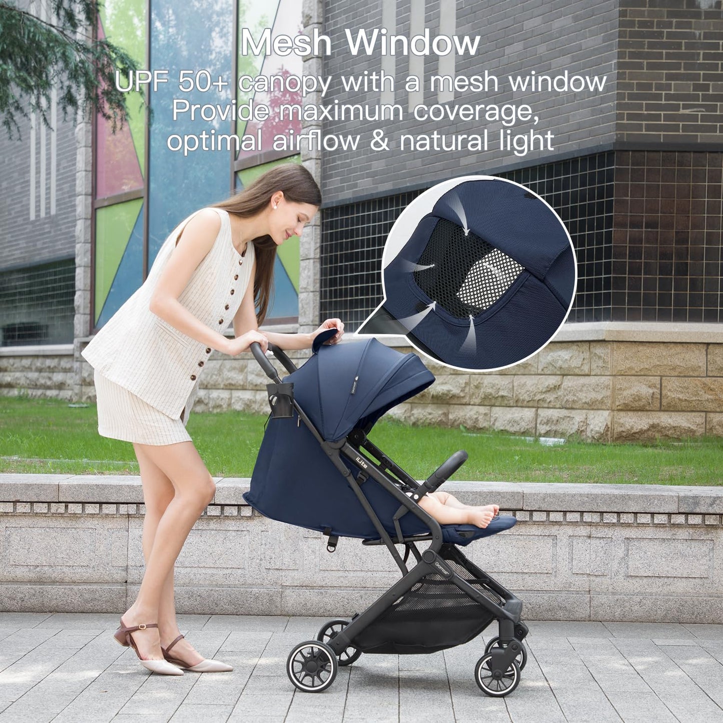 Gromast Compact Fold Baby Stroller, Lightweight Travel Toddler Stroller with One-Click Fold, Extendable UPF50+ Canopy, Cup Holder, UV Protected and Waterproof, One-Hand Folding - Blue