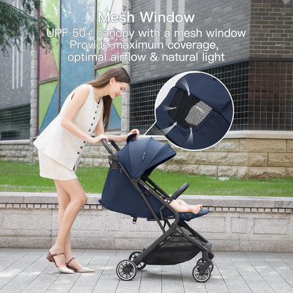 Gromast Compact Fold Baby Stroller, Lightweight Travel Toddler Stroller with One-Click Fold, Extendable UPF50+ Canopy, Cup Holder, UV Protected and Waterproof, One-Hand Folding - Blue