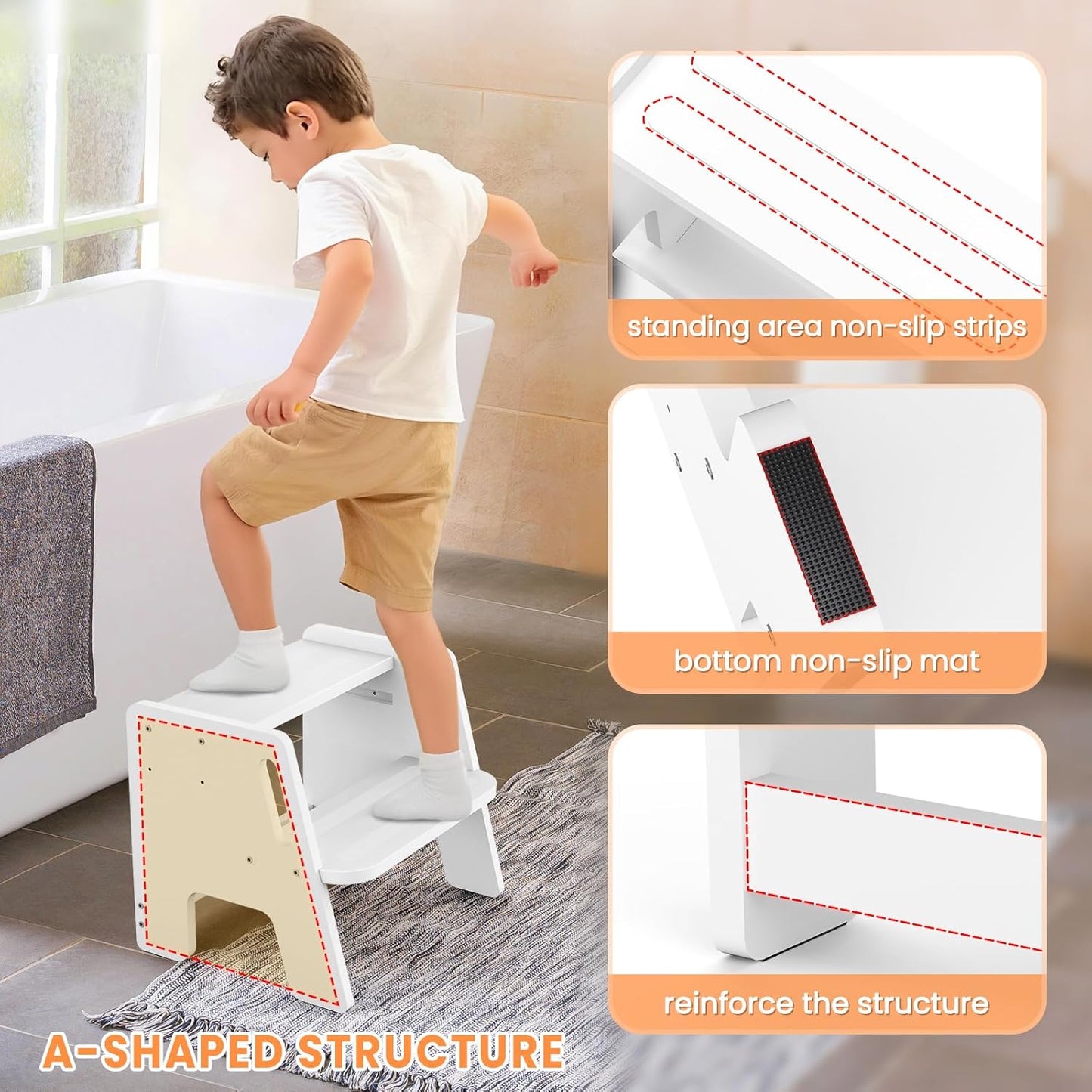 Toddler Step Stool, Wooden Height-Adjustable 2-Step Stool for Kids, Potty Training Stool with Handles for Bathroom Sink, Kitchen, Bedroom