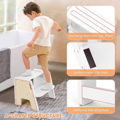 Toddler Step Stool, Wooden Height-Adjustable 2-Step Stool for Kids, Potty Training Stool with Handles for Bathroom Sink, Kitchen, Bedroom
