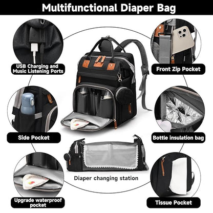 Baby Diaper Bags with Changing Station Multifunctional Waterproof Diaper Bag Backpack Travel Baby Bag with Changing Pad, Pacifier Case,Baby Essentials(Black)
