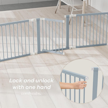 Comfy Cubs Baby Gate Playpen - 57 x 57 x 25 in, Extends Up to 228” - Pine Wood Foldable Playpen with Child-Proof Lock - Easy Assembly Baby Fence Play Area for Babies & Toddlers - Light Wood White