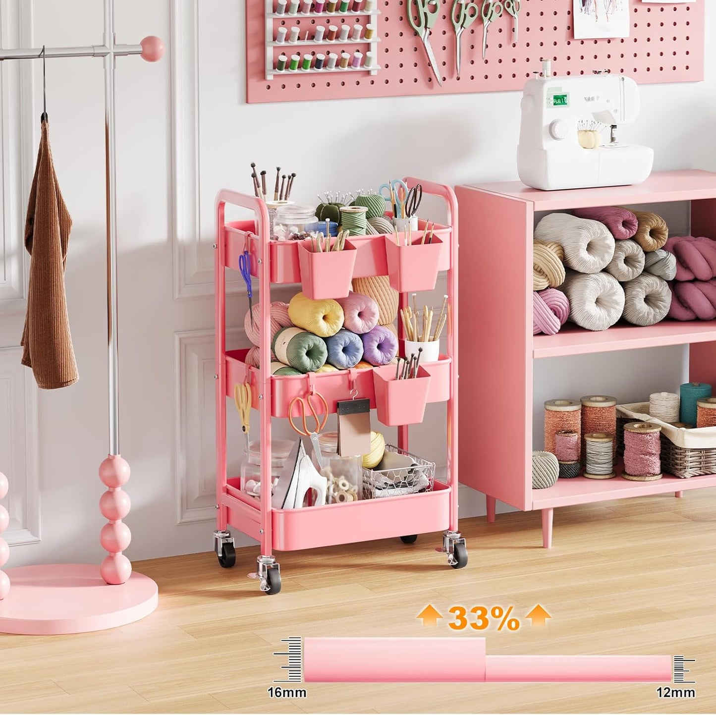 Beige 3 Tier Rolling Cart Metal on Wheels, Three Tiered Storage Organizer Utility Trolley with Wheels for Art, Craft, Baby Diaper Caddy, Snack, Book, Nail, Lash, Cleaning Supplies, Kitchen, Bathroom