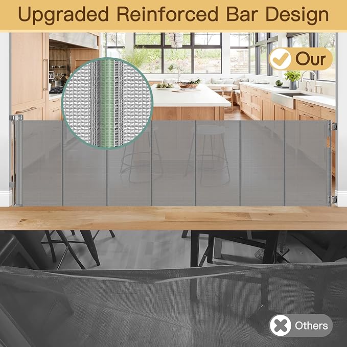 Reinforced 159 Inch Extra Wide Retractable Dog Gate with Support Rods, Indoor/Outdoor Retractable Gate, Prevent Babies and Dogs from Crawling Through Mesh Baby Gates for Doorways Extra Wide, Gray