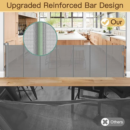 Reinforced 120 Inch Extra Wide Retractable Baby Gate with Support Rods, 33” Tall Retractable Pet Gate for Dogs, Indoor/Outdoor 10 Feet Mesh Child Gates for Wide Openings, Extra Wide Dog gate, Gray