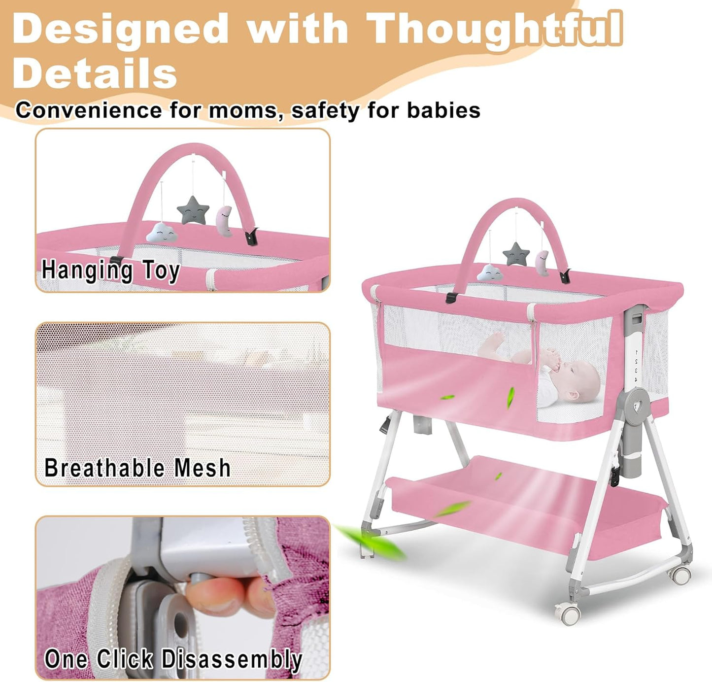 Baby Bassinet,3 in 1 Bedside Bassinet for Baby with Hanging Toys,Foldable Baby Bassinets Bedside Sleeper,4-Sided Mesh Bedside Crib with Wheels and Storage Basket,6 Height Adjustable (Light Grey)