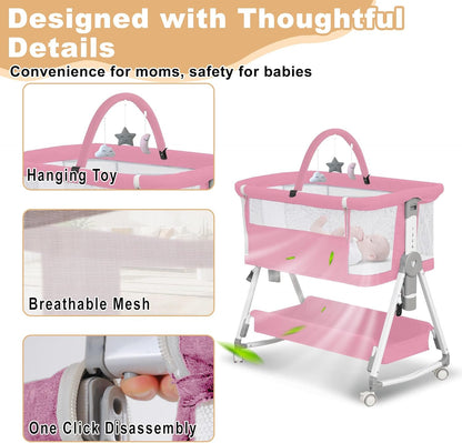 Baby Bassinet,3 in 1 Bedside Bassinet for Baby with Hanging Toys,Foldable Baby Bassinets Bedside Sleeper,4-Sided Mesh Bedside Crib with Wheels and Storage Basket,6 Height Adjustable (Light Grey)