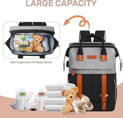 Diaper Bag Backpack with Changing Station,Large Baby Backpack for Travel Multifunctional Baby Bag for Mom & Dad, GrayBlack