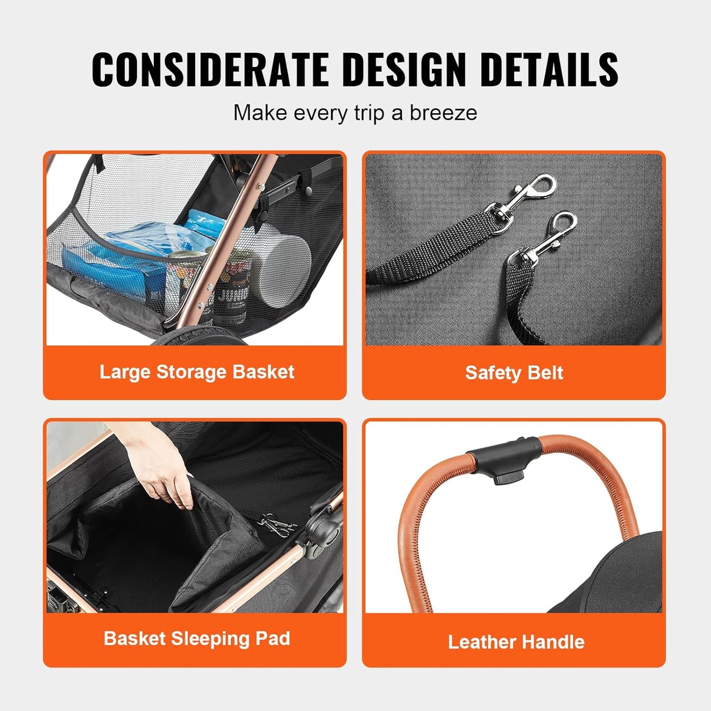 VEVOR Pet Stroller, 44 lbs Weight Capacity, Foldable Dog Cart, 4 Wheels Cats Stroller with Mesh Windows & Revrsible Handle, Portable Pet Carrier with Brake, for Small to Medium Pets
