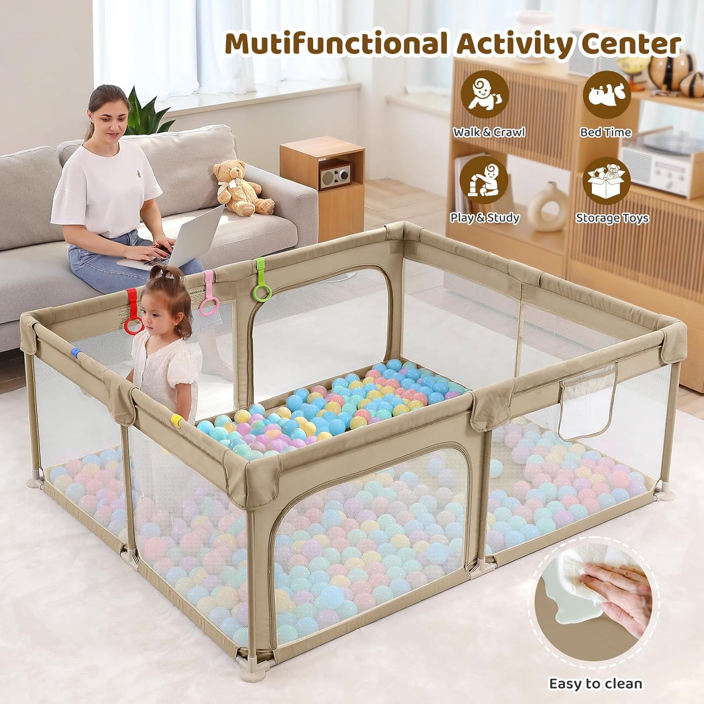 Dripex Baby Playpen, 47"x47" Small Playpen for Babies, Enhanced Safety Baby Play Yard for Indoor & Outdoor, Infant Play Pen with Soft Breathable Visible Mesh, Anti-Fall Design & Easy Setup, Grey