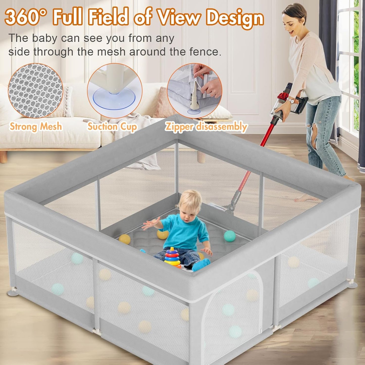 Omzer Baby Playpen with Mat 71"×59" - Extra Large Playpen for Babies and Toddlers with Mat Included, Safety Playard for Baby with Gate, All-Wrapped Soft Sponge Baby Gate Playpen with Stable Mat Velcro