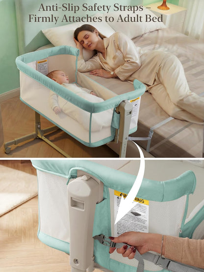 ONTHEWEI Baby Bassinet Bedside Sleeper 3-in-1, Easy Night Feeding with One-Side Fold & Rolling Wheels, Breathable Mesh, 6-Height Adjustable, Soft Mattress for Newborns