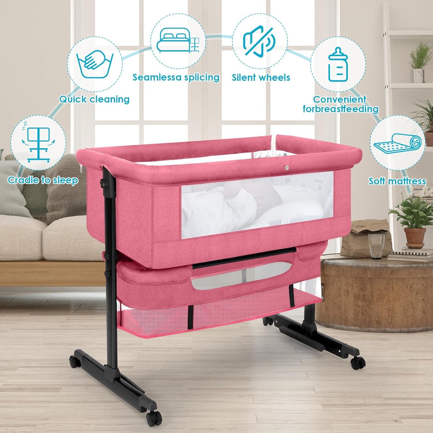 YADAQE Baby Bassinet, Baby Basinet Bedside Sleeper, Easy to Fold Portable Crib Side Bassinet 2025new Style Girl/boy bassinets(Light Grey)