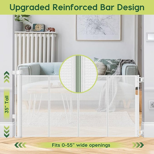 Reinforced 55" Wide Retractable Baby Gates for Doorways to Prevent Crawling Under, Outdoor Retractable Gate, Mesh Child Safety Gates for Toddlers, Indoor/Outdoor Baby Gate for Deck/Porch/Patio, White