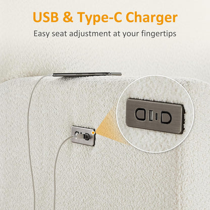 VANOMi Power Swivel Glider Recliner Chair, Electric Nursery Rocker Recliner Chair, USB & Type-C Charger, Boucle White