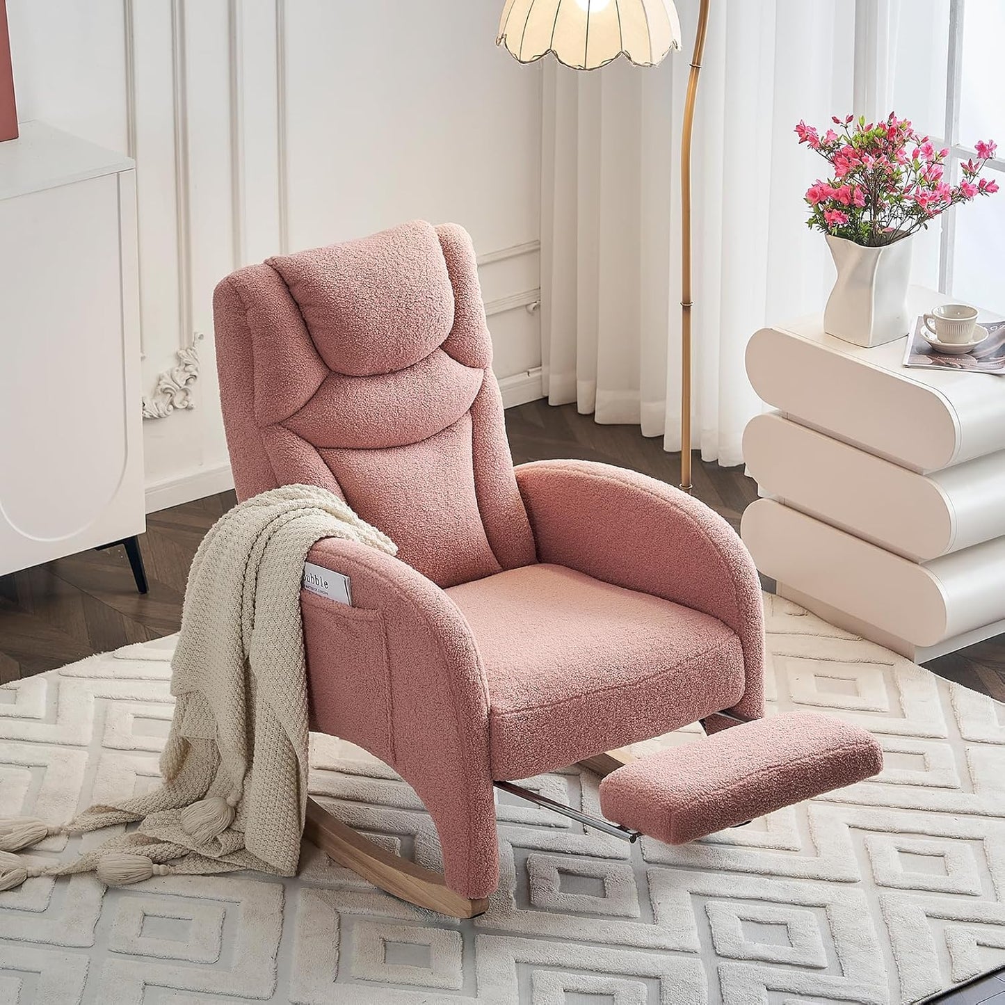 Rocking Chair Nursery with Foot Rest,Upholstered Teddy Glider Rocker with Wood Legs, Nursing Rocking Chair for Living Room/Nursery,Pink