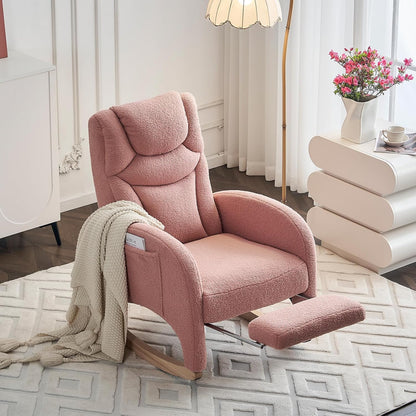 Rocking Chair Nursery with Foot Rest,Upholstered Teddy Glider Rocker with Wood Legs, Nursing Rocking Chair for Living Room/Nursery,Pink