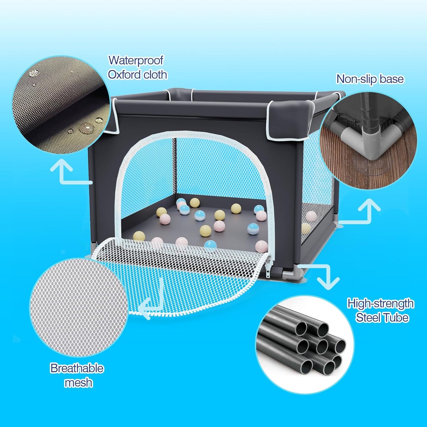 Grobeybees Playpen for Babies and Toddlers, Small Baby Playpen, Playard with Bag, Indoor & Outdoor Play Pen, Sturdy Safety Baby Play Yard with Soft Breathable Mesh(Black, 36x36 inches)