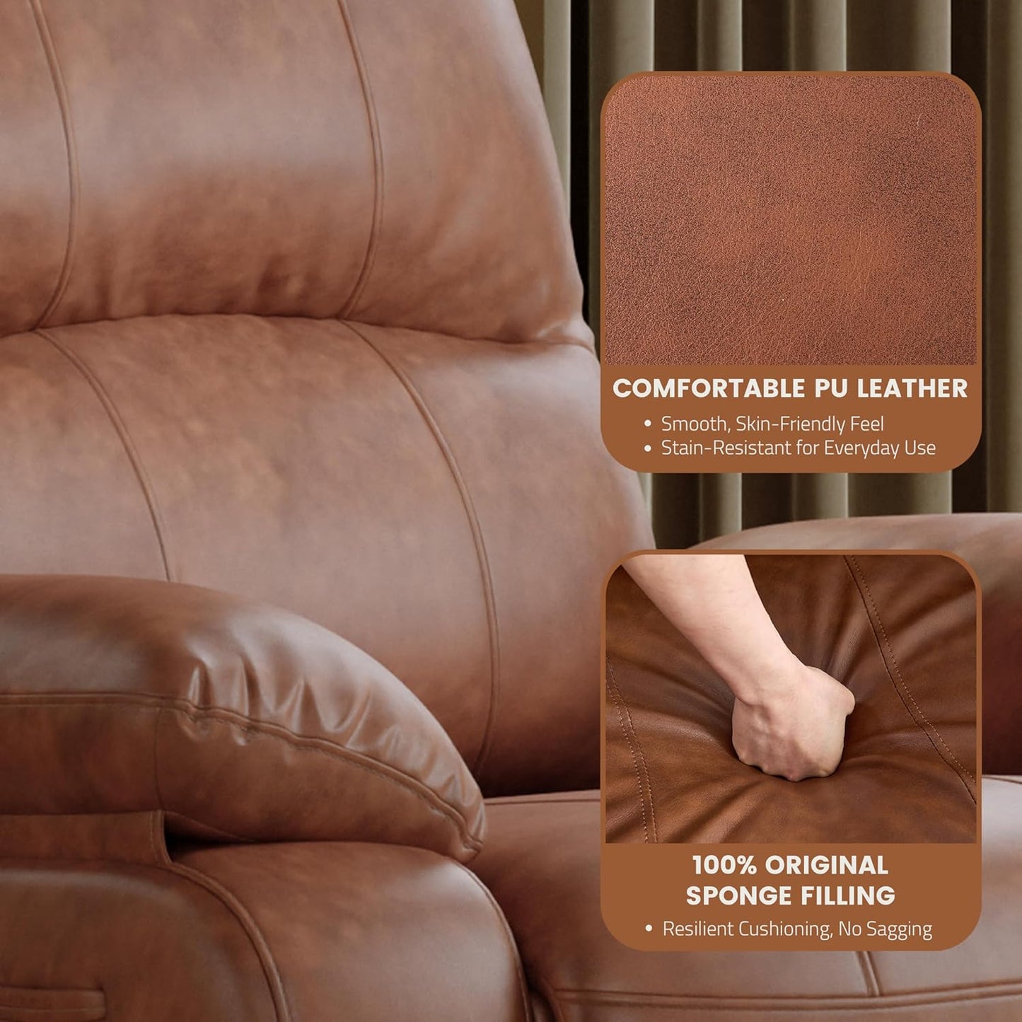 Leather Swivel Rocker Recliner Chair, Traditional Manual Chair, Upholstered Nursery Glider Rocking Recliner, Comfy Faux Leather Single Sofa with Pocket Spring for Living Room, Camel
