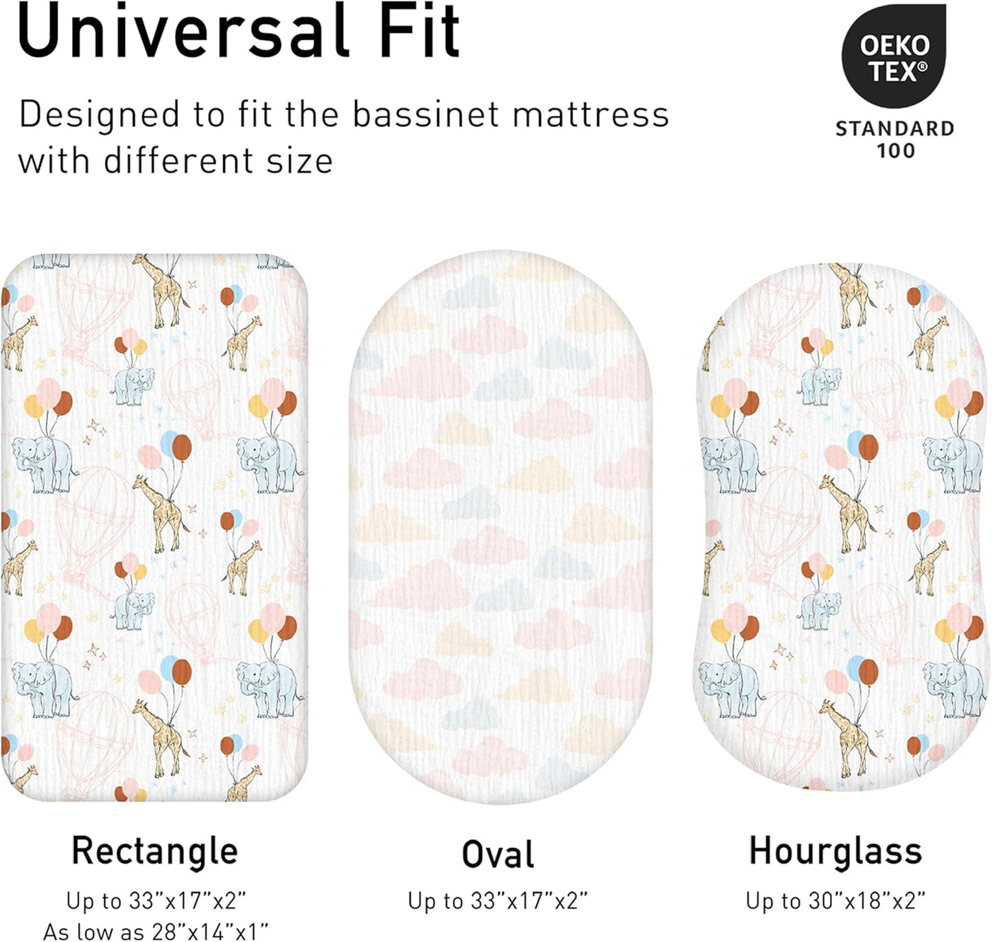 Muslin Bassinet Fitted Sheets 2 Pack, Soft Breathable Cotton Baby Bassinet Mattress Sheet Set, 360° Elastic Snug Fit, Universal for Oval, Rectangle & Hourglass Cradle, Unisex Baby Bedding (Cute Cars)