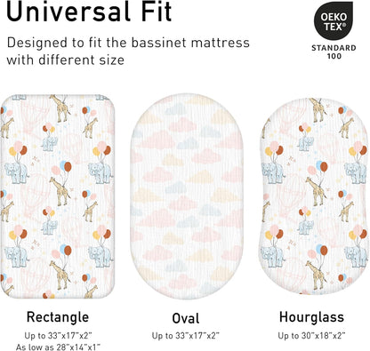Muslin Bassinet Fitted Sheets 2 Pack, Soft Breathable Cotton Baby Bassinet Mattress Sheet Set, 360° Elastic Snug Fit, Universal for Oval, Rectangle & Hourglass Cradle, Unisex Baby Bedding (Cute Cars)
