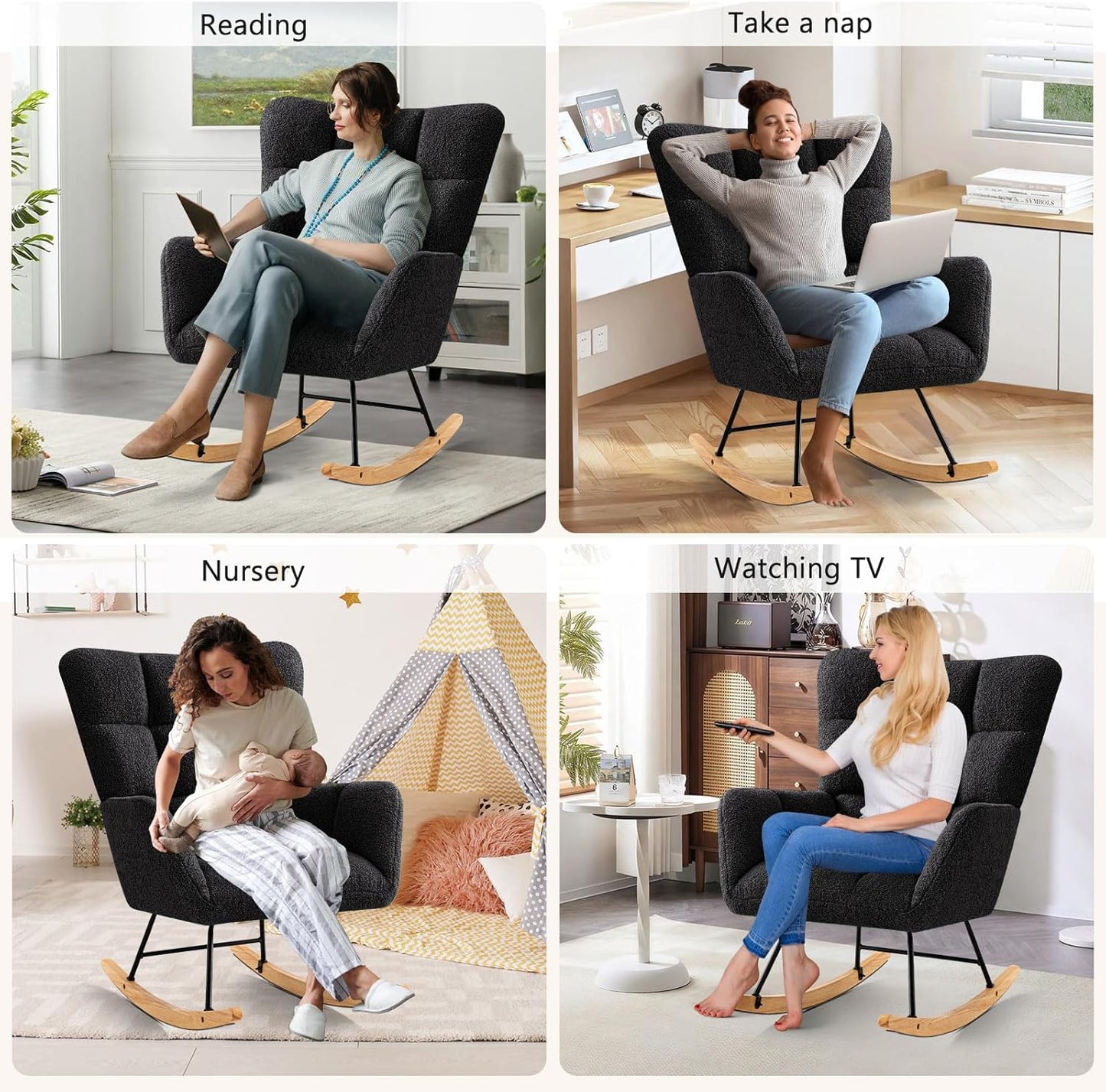 Furniliving Nursery Rocking Chair Upholstered Glider Rocking Chair Modern Accent Chair Padded Seat Reading Chair with High Backrest Comfy Chair for Living Room, Bedroom, Nursery, Black, Teddy