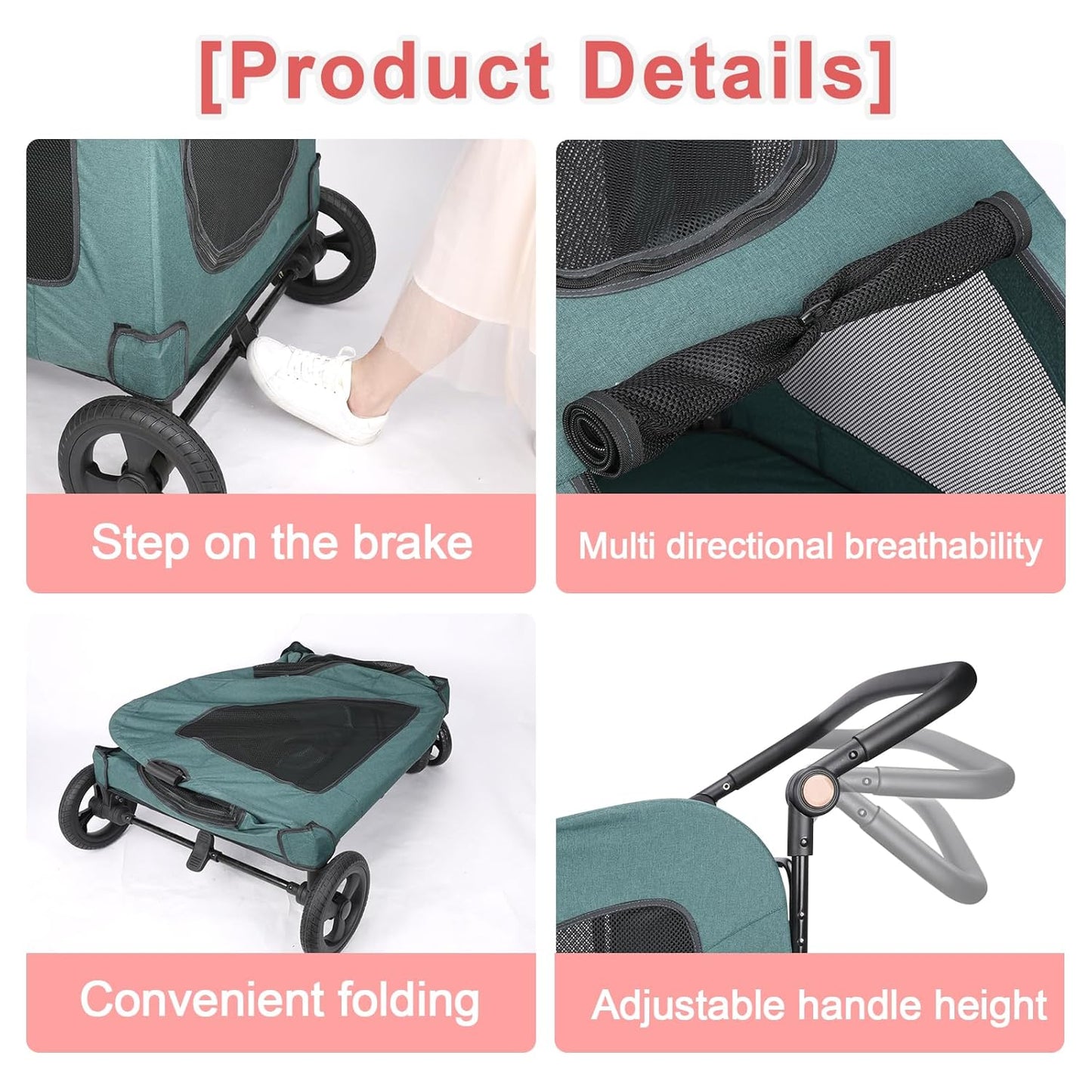 Large Dog Travel Stroller with 4 Heavy Duty Wheels Pet Stroller with Adjustable Handle - Double Doggie Capacity Jogger Wagon with Back Front Door for Small Medium Large Dogs (Dark Light Gray)