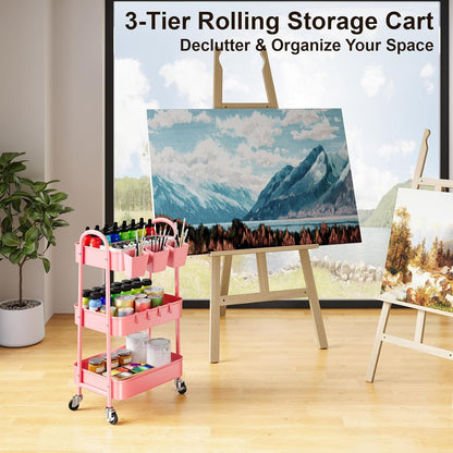 3 Tier Heavy Duty White Metal Rolling Cart with Lockable Wheels, Three Tier Roller Book Snack Cart, Utility Storage Organizer Carts for Kitchen, Bathroom, Garage, Baby Diaper, Craft, Art, Teacher