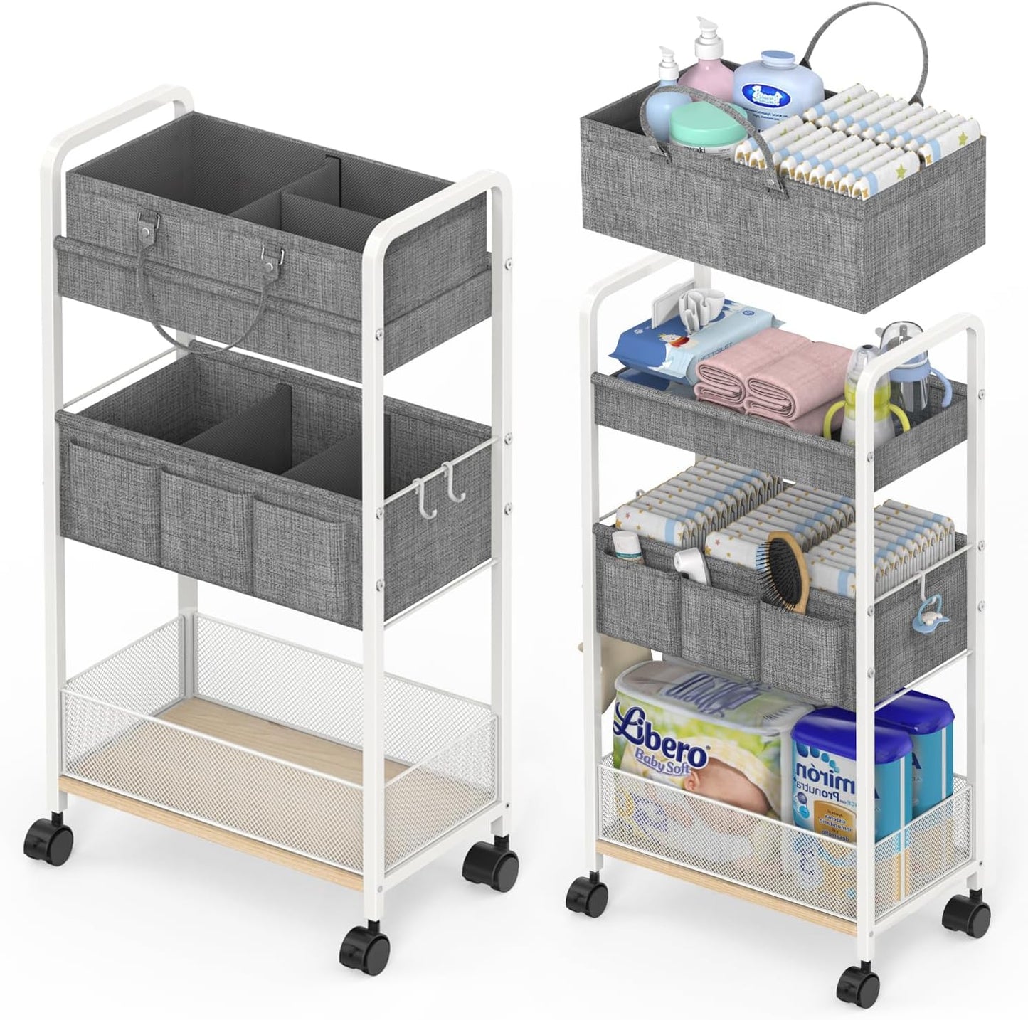 LIDTOP 2In1 Baby Diaper Caddy & 3-Tier Rolling Diaper Cart, Diaper Caddy Organizer Cart with Dividers, Mobile Metal Utility Cart for Nursery Essentials, Detachable Bedside Cart, Large Capacity