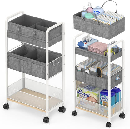 LIDTOP 2In1 Baby Diaper Caddy & 3-Tier Rolling Diaper Cart, Diaper Caddy Organizer Cart with Dividers, Mobile Metal Utility Cart for Nursery Essentials, Detachable Bedside Cart, Large Capacity