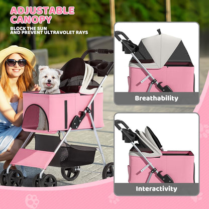 Magshion Compact Pet Stroller for Small-Medium Dogs/Cats up to 22lbs, 4-Wheel Lightweight Umbrella Shaped Portable Puppy Travel Jogger with Breathable Mesh, Cup Holder & Rear Storage, Black