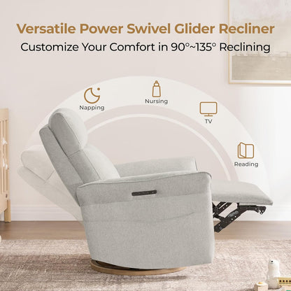CHITA Power Recliner Chair, Electric Triple-Motor Swivel Glider Nursery Rocking Chair with Adjustable Power Headrest and Lumbar Support, GREENGARD Gold Certified, Solid Wood Base, Khaki Grey