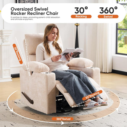 Rocking Chair Nursery with Adjustable Armrests, Electric Glider Recliner Nursing Chair for Breastfeeding, Power Swivel Recliner Chairs with Massage and Heat, Adjustable Headrest , FSC Certified, White