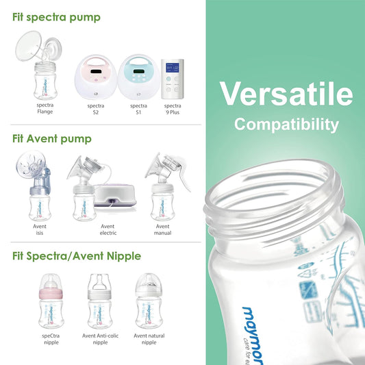 Maymom Wide-Mouth Milk Storage Feeding Collection Bottle with Nipple, Dome Cap, Bottle Top, SureSeal Sealing Disk; Compatible with Spectra Pump/Motif Luna; 5 pc (4.7Oz/140mL)