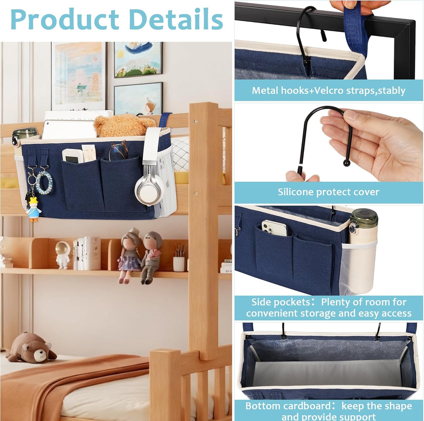 Loghot Bedside Caddy/Bedside Storage Bag Hanging Organizer for Bunk and Hospital Beds,Dorm Rooms Bed Rails,Can be Placed Glasses,Books,Mobile Phones,Keys (White)